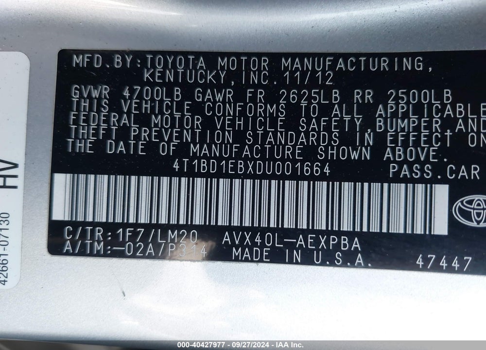 2013 TOYOTA AVALON HYBRID LIMITED VIN: 4T1BD1EBXDU001664