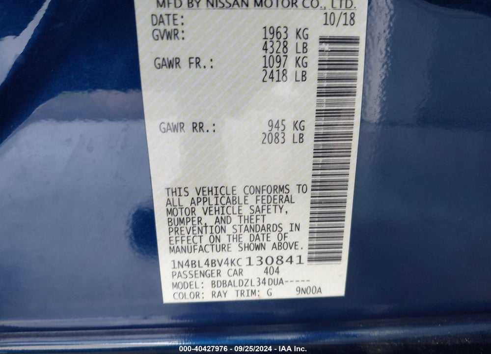 2019 NISSAN ALTIMA 2.5 S VIN: 1N4BL4BV4KC130841