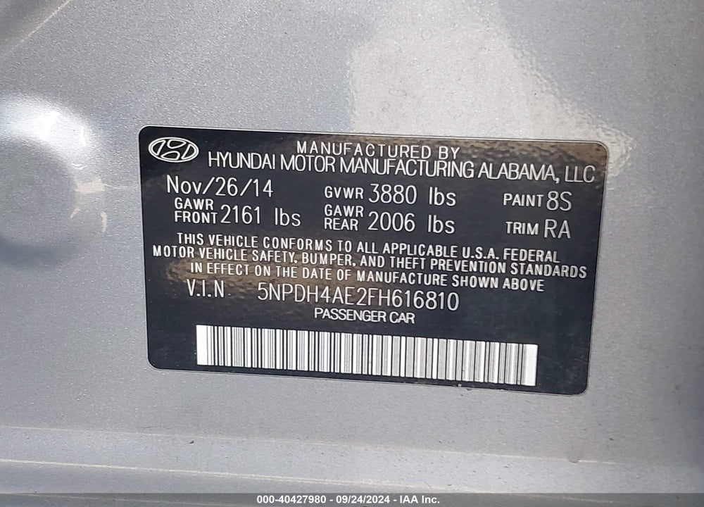 2015 HYUNDAI ELANTRA SE VIN: 5NPDH4AE2FH616810