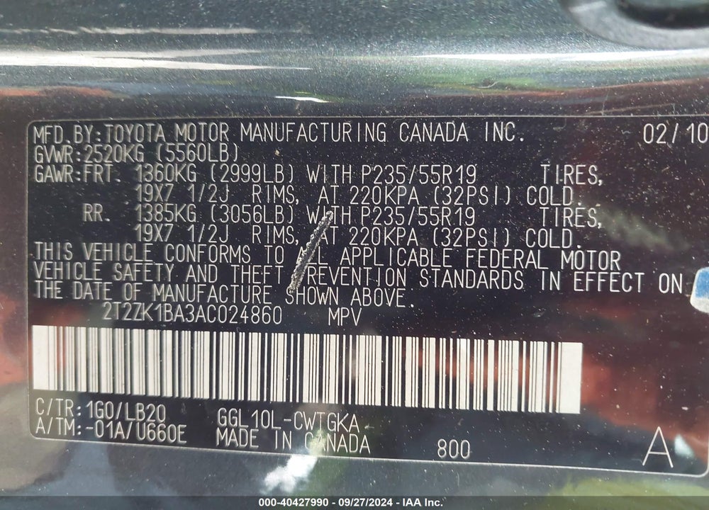 2010 LEXUS RX 350 VIN: 2T2ZK1BA3AC024860