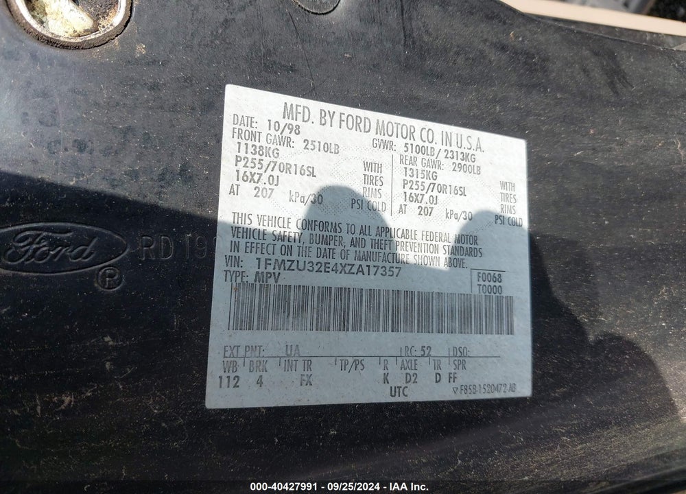 1999 FORD EXPLORER EDDIE BAUER/LIMITED EDITION/XLT VIN: 1FMZU32E4XZA17357