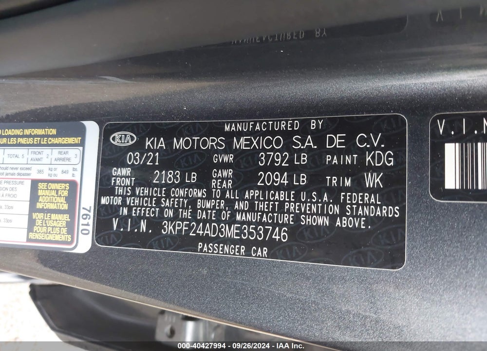 2021 KIA FORTE LXS VIN: 3KPF24AD3ME353746