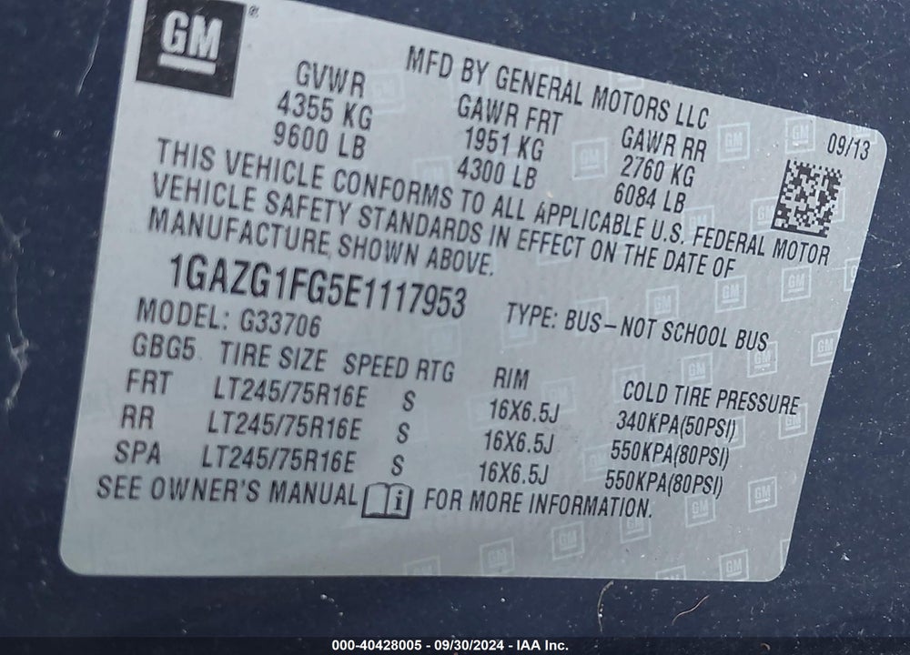 2014 CHEVROLET EXPRESS 3500 LT VIN: 1GAZG1FG5E1117953
