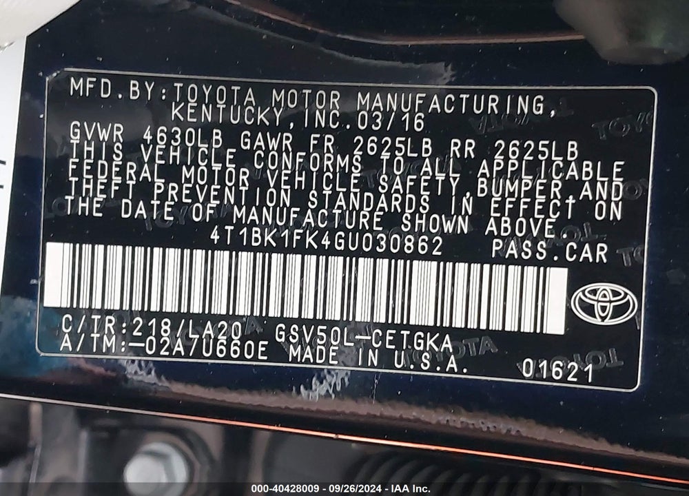 2016 TOYOTA CAMRY XLE V6 VIN: 4T1BK1FK4GU030862