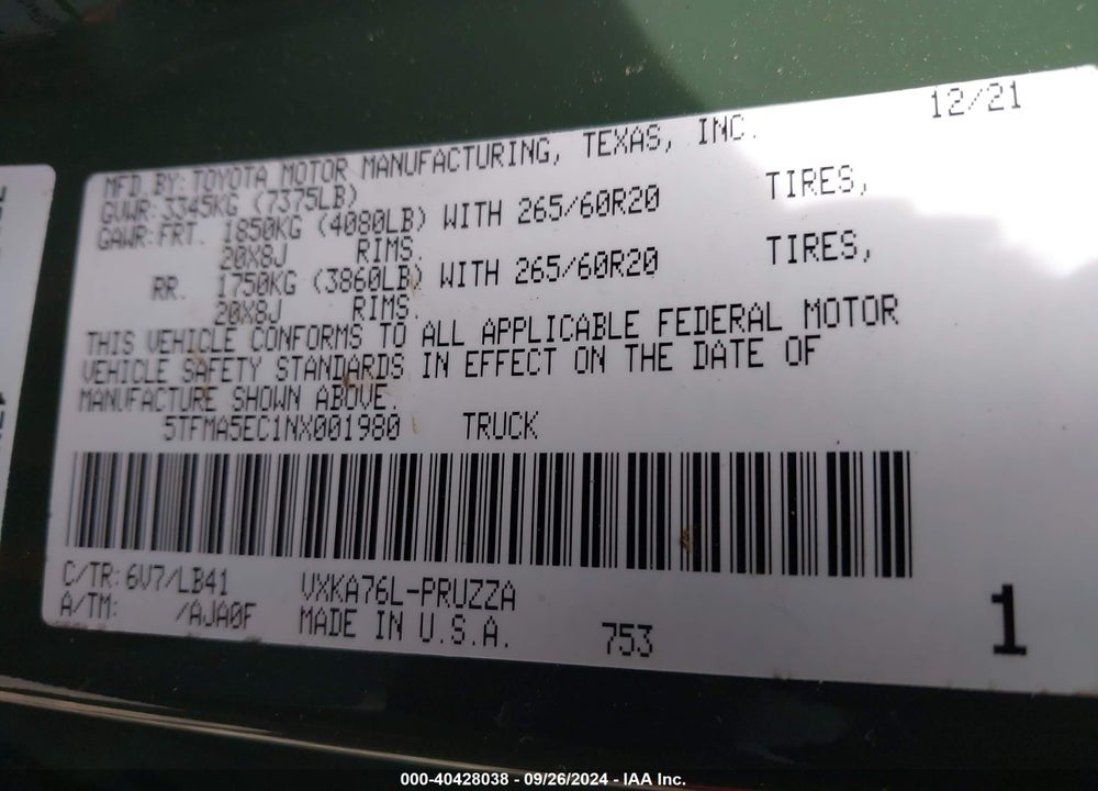 2022 TOYOTA TUNDRA 1794 EDITION VIN: 5TFMA5EC1NX001980