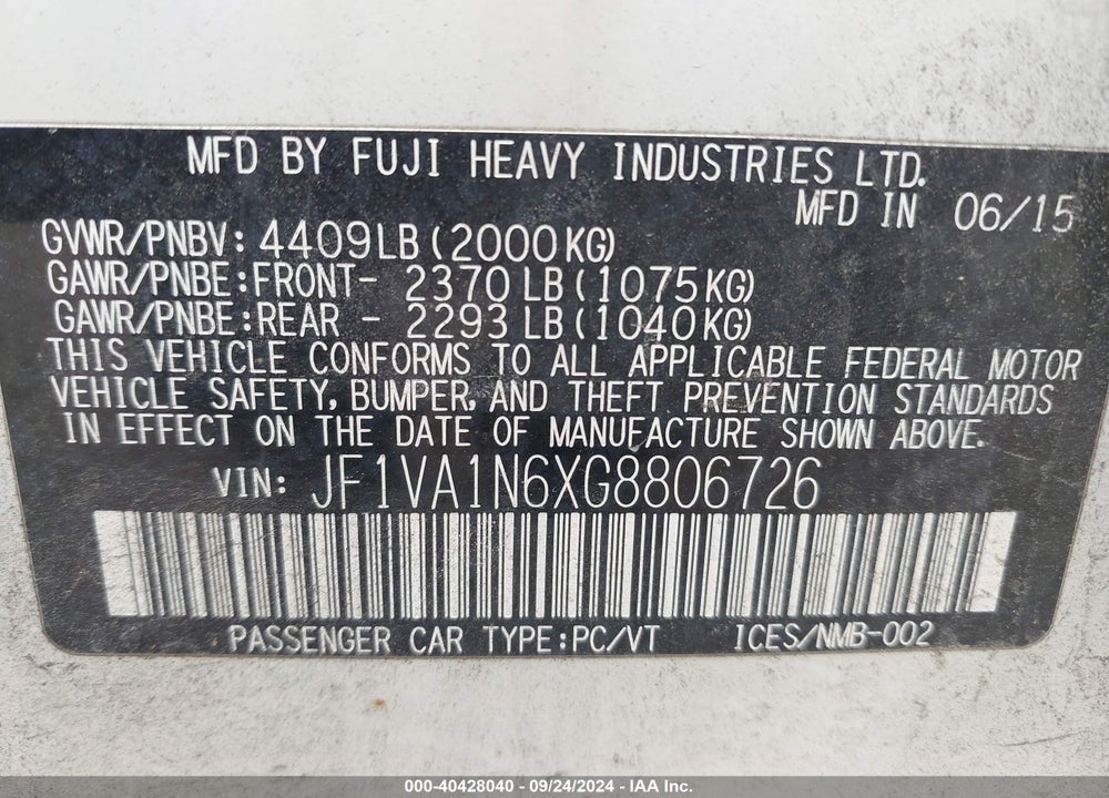 2016 SUBARU WRX LIMITED VIN: JF1VA1N6XG8806726