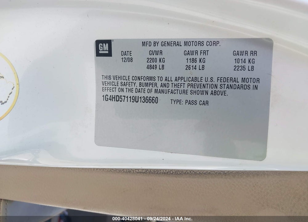 2009 BUICK LUCERNE CXL-4 VIN: 1G4HD57119U136660