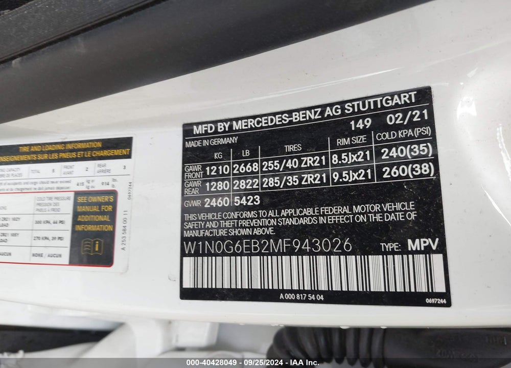 2021 MERCEDES-BENZ AMG GLC 43 4MATIC VIN: W1N0G6EB2MF943026
