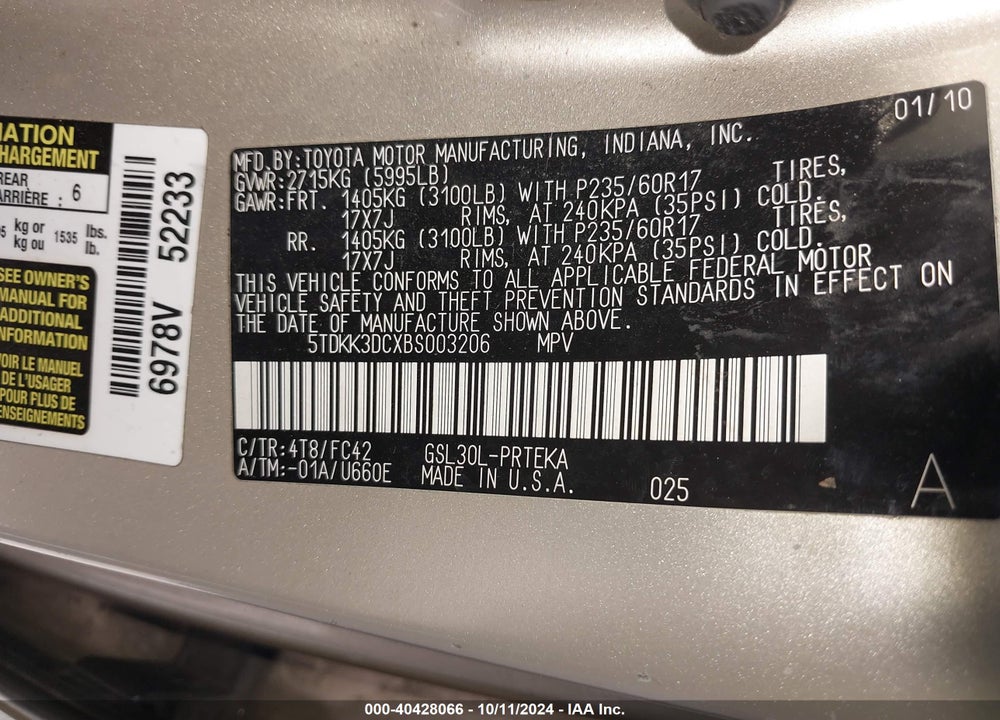 2011 TOYOTA SIENNA LE V6 VIN: 5TDKK3DCXBS003206