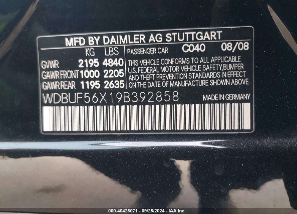 2009 MERCEDES-BENZ E 350 VIN: WDBUF56X19B392858