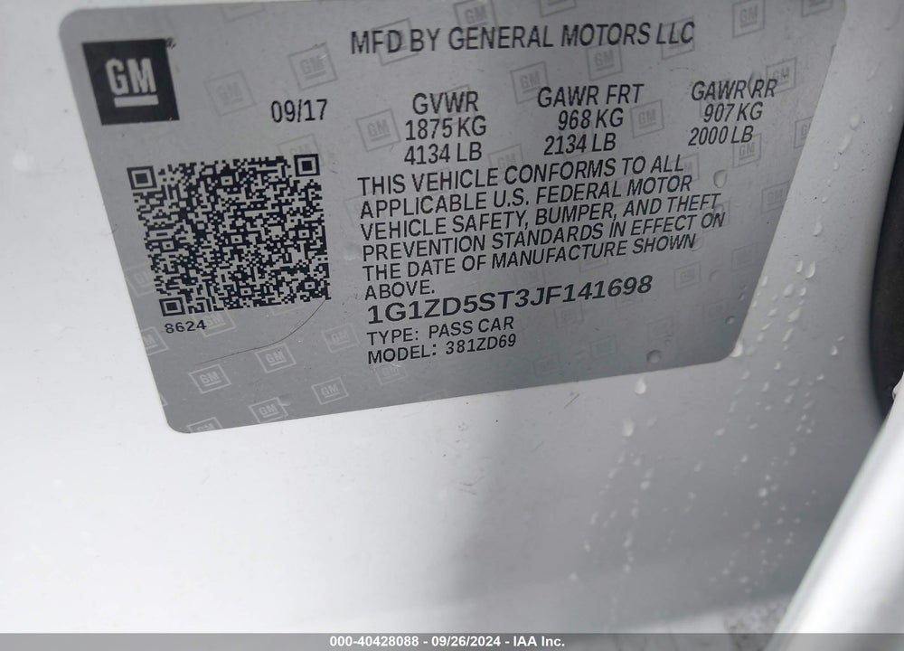 2018 CHEVROLET MALIBU LT VIN: 1G1ZD5ST3JF141698