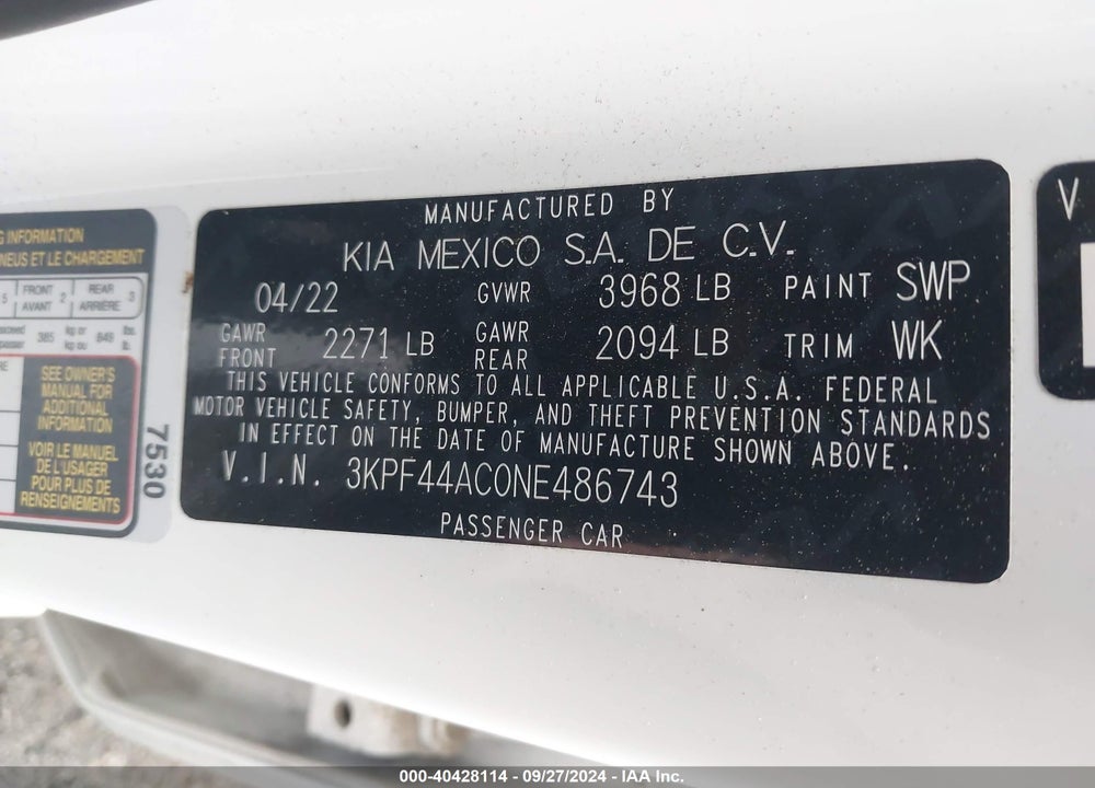 2022 KIA FORTE GT VIN: 3KPF44AC0NE486743