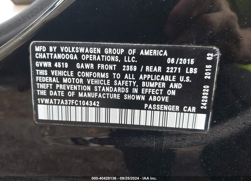 2015 VOLKSWAGEN PASSAT 1.8T LIMITED EDITION VIN: 1VWAT7A37FC104342