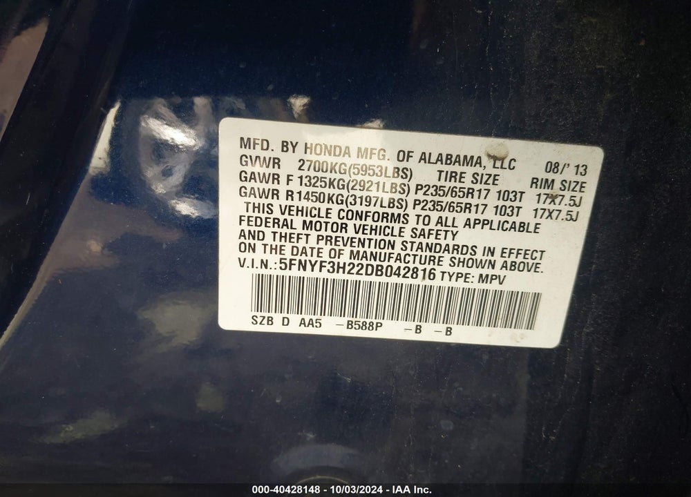 2013 HONDA PILOT LX VIN: 5FNYF3H22DB042816