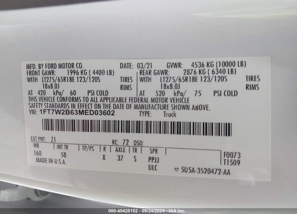 2021 FORD F-250 LARIAT VIN: 1FT7W2B63MED03602