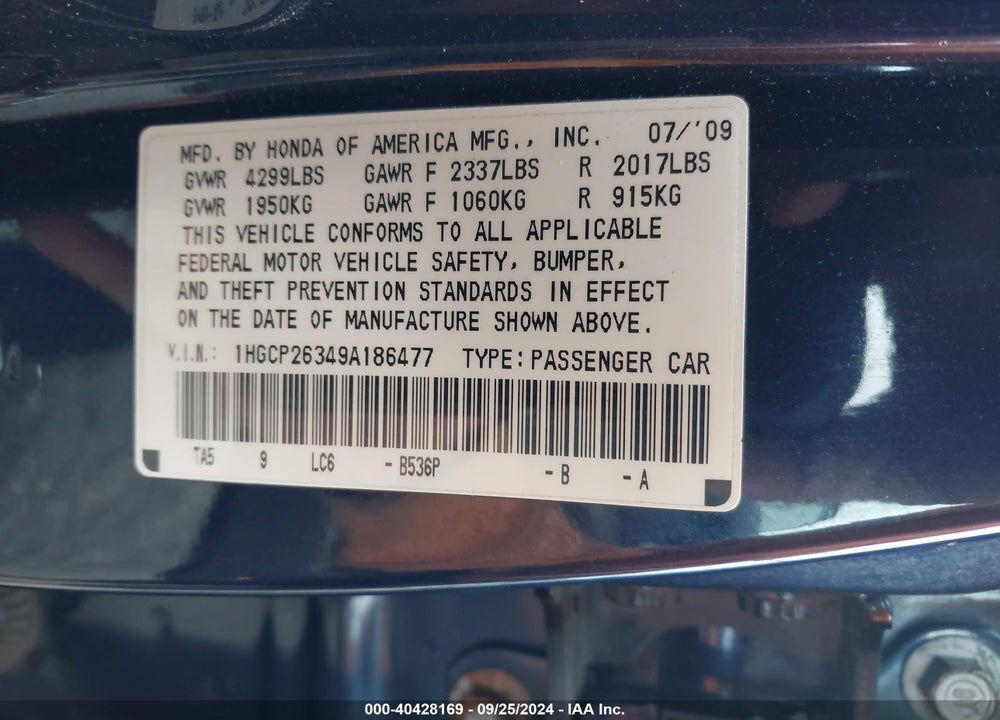 2009 HONDA ACCORD 2.4 LX VIN: 1HGCP26349A186477