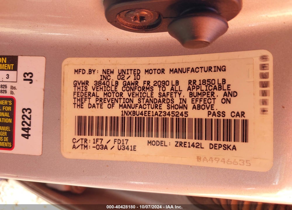 2010 TOYOTA COROLLA S VIN: 1NXBU4EE1AZ345245