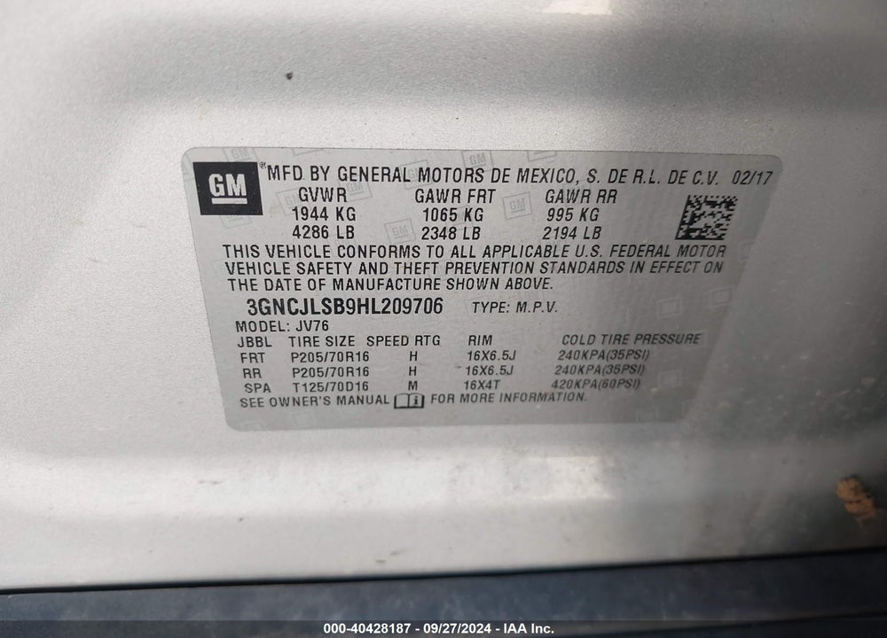 2017 CHEVROLET TRAX LT VIN: 3GNCJLSB9HL209706