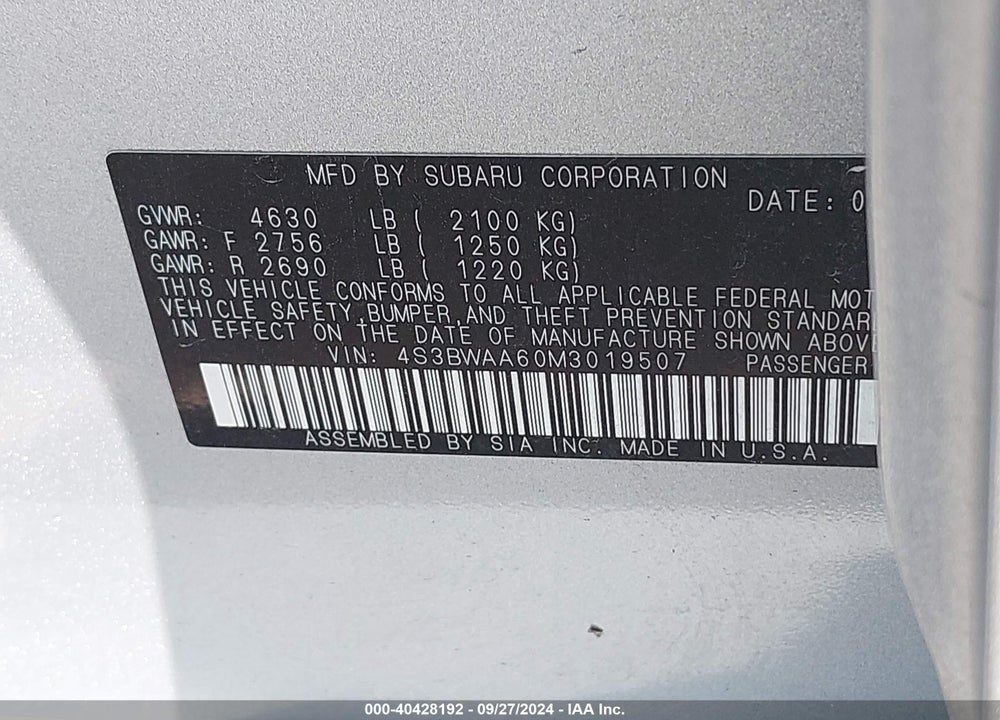 2021 SUBARU LEGACY VIN: 4S3BWAA60M3019507