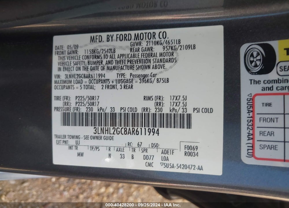 2010 LINCOLN MKZ VIN: 3LNHL2GC8AR611994