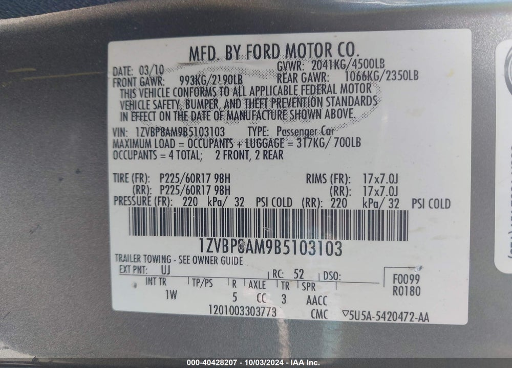 2011 FORD MUSTANG VIN: 1ZVBP8AM9B5103103