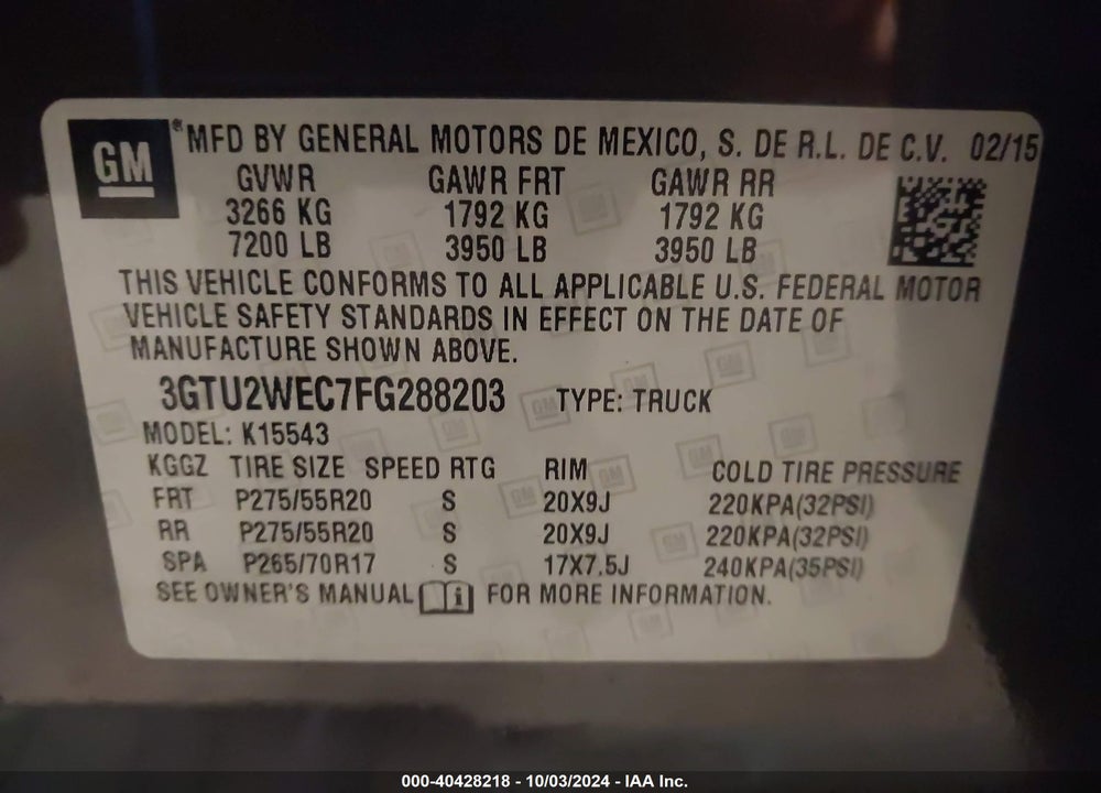 2015 GMC SIERRA 1500 DENALI VIN: 3GTU2WEC7FG288203
