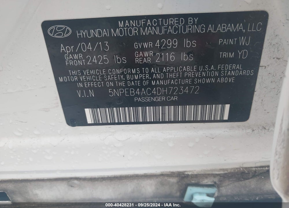 2013 HYUNDAI SONATA GLS VIN: 5NPEB4AC4DH723472
