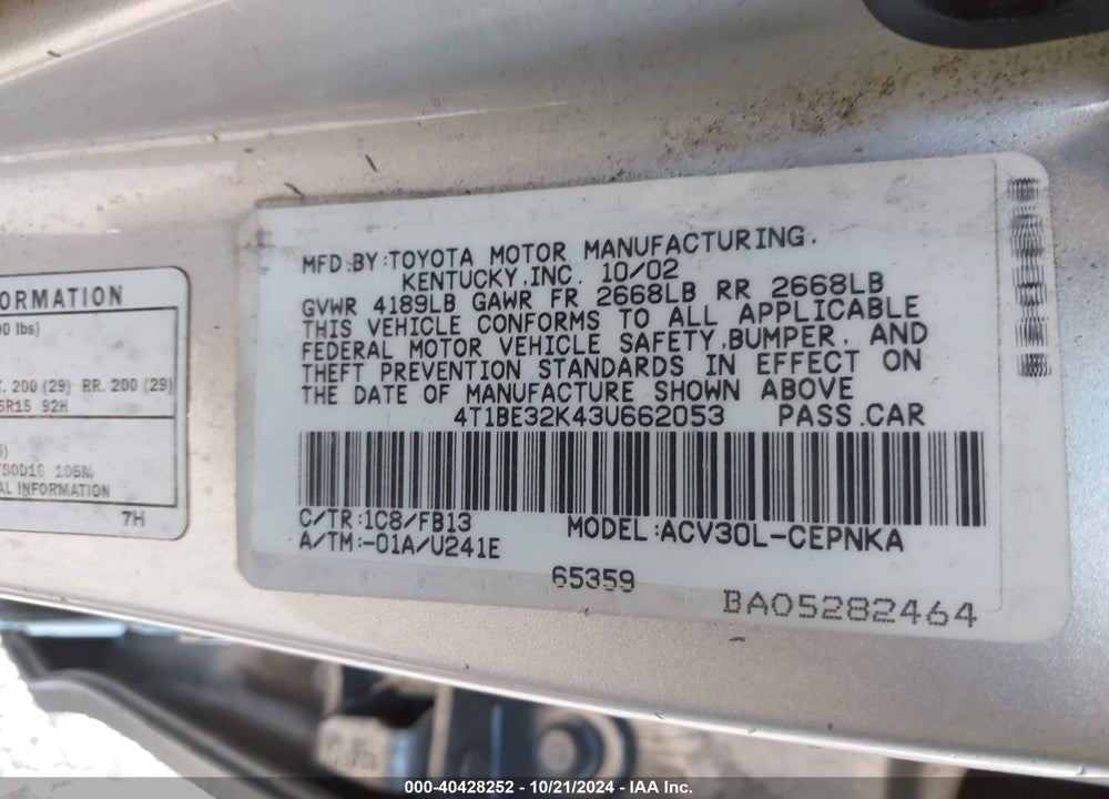 2003 TOYOTA CAMRY LE VIN: 4T1BE32K43U662053