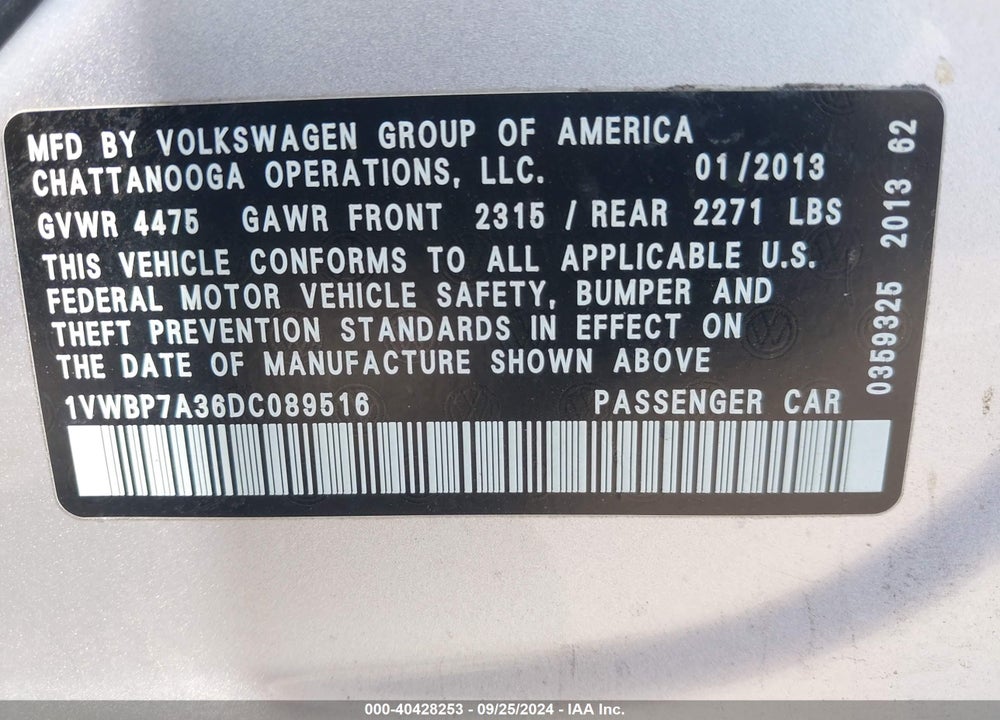 2013 VOLKSWAGEN PASSAT 2.5L SE VIN: 1VWBP7A36DC089516