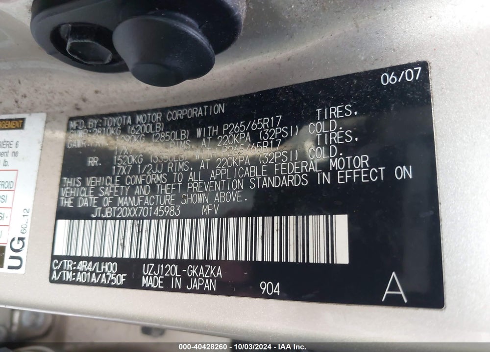 2007 LEXUS GX 470 VIN: JTJBT20XX70145983