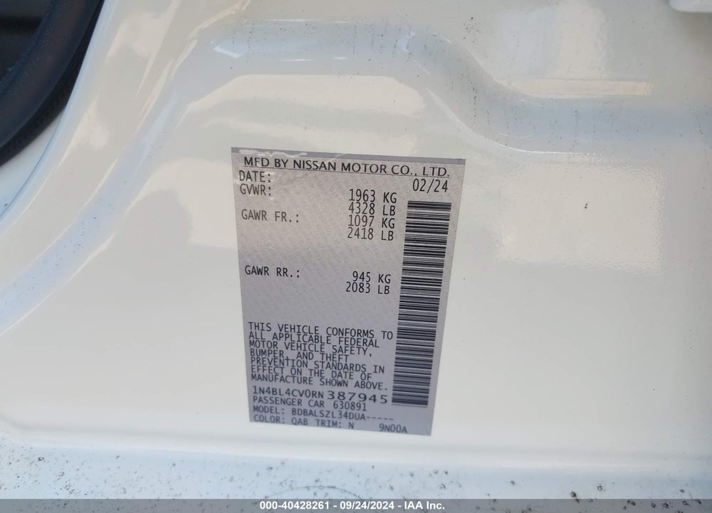 2024 NISSAN ALTIMA SR FWD VIN: 1N4BL4CV0RN387945