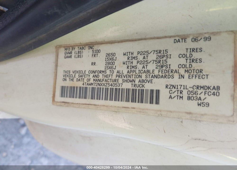 1999 TOYOTA TACOMA VIN: 4TAWM72NXXZ540537