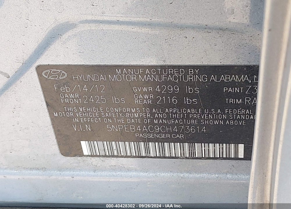2012 HYUNDAI SONATA GLS VIN: 5NPEB4AC9CH473614