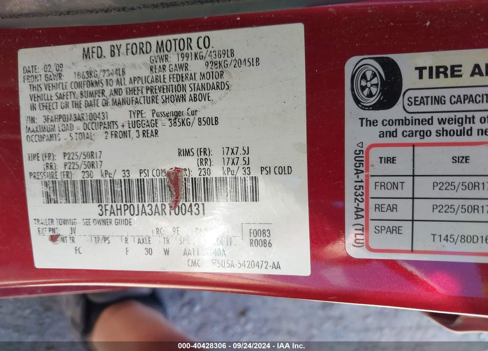 2010 FORD FUSION SEL VIN: 3FAHP0JA3AR100431