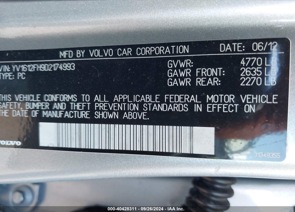 2013 VOLVO S60 T5/T5 PLATINUM/T5 PREMIER/T5 PREMIER PLUS VIN: YV1612FH9D2174993