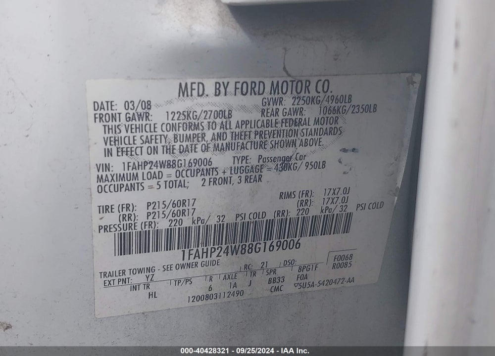2008 FORD TAURUS SEL VIN: 1FAHP24W88G169006
