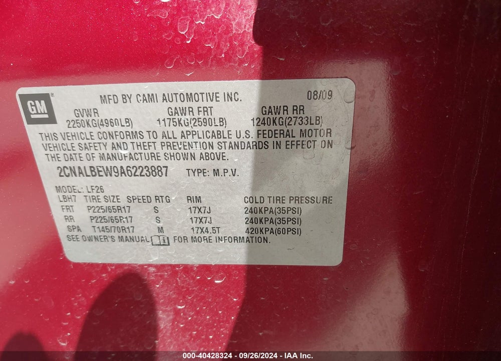2010 CHEVROLET EQUINOX LS VIN: 2CNALBEW9A6223887