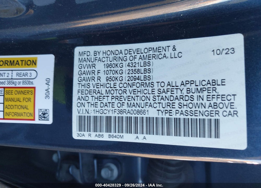 2024 HONDA ACCORD EX VIN: 1HGCY1F38RA008661