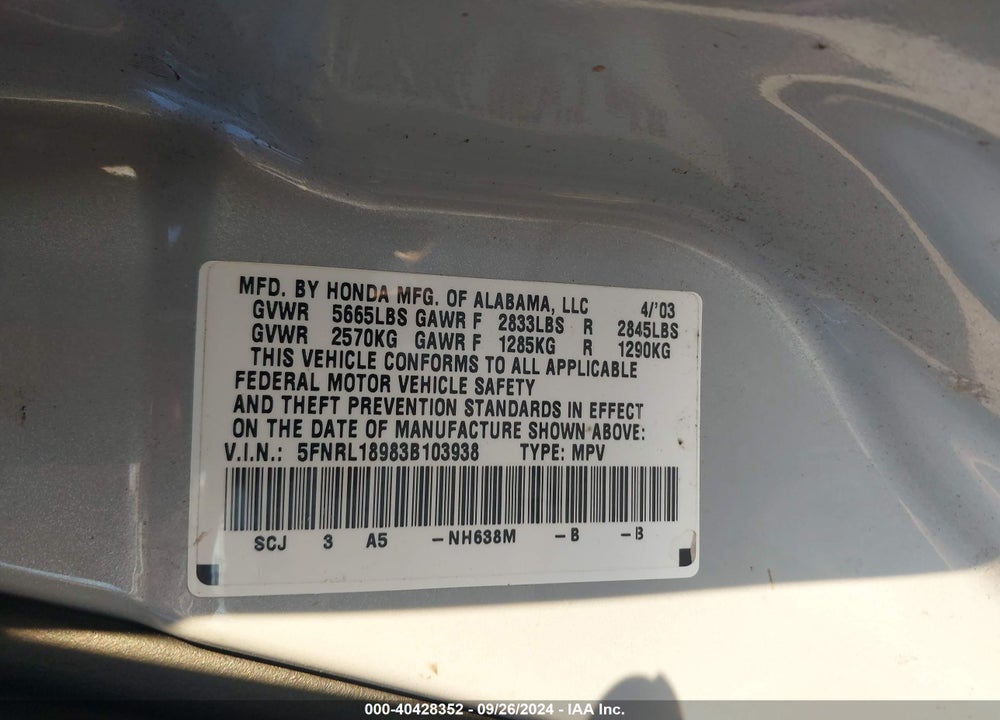 2003 HONDA ODYSSEY EX-L VIN: 5FNRL18983B103938