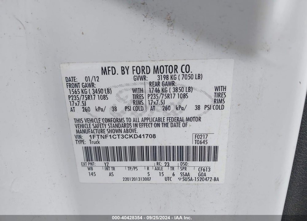 2012 FORD F-150 XL VIN: 1FTNF1CT3CKD41708