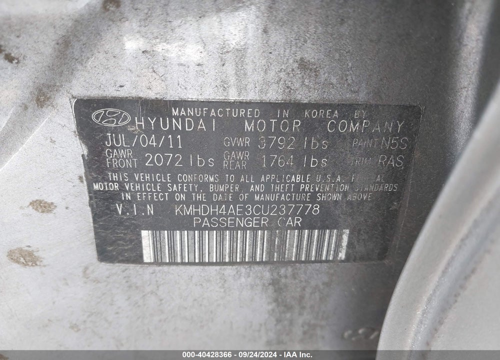 2012 HYUNDAI ELANTRA GLS (ULSAN PLANT) VIN: KMHDH4AE3CU237778