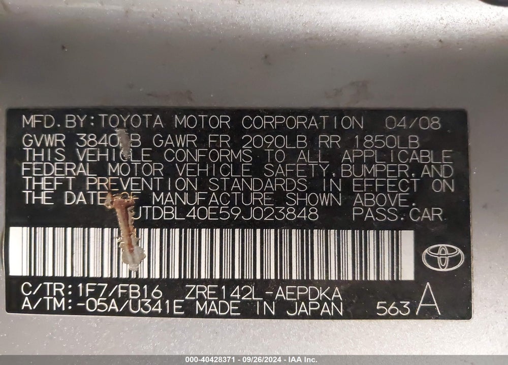2009 TOYOTA COROLLA LE VIN: JTDBL40E59J023848