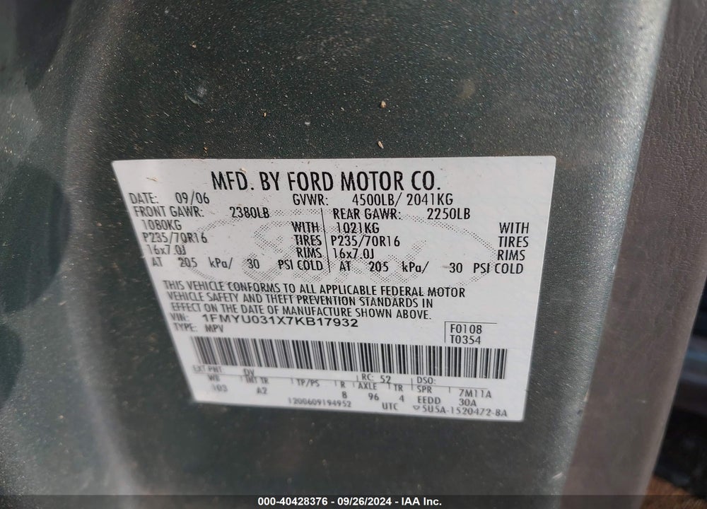 2007 FORD ESCAPE VIN: 1FMYU031X7KB17932