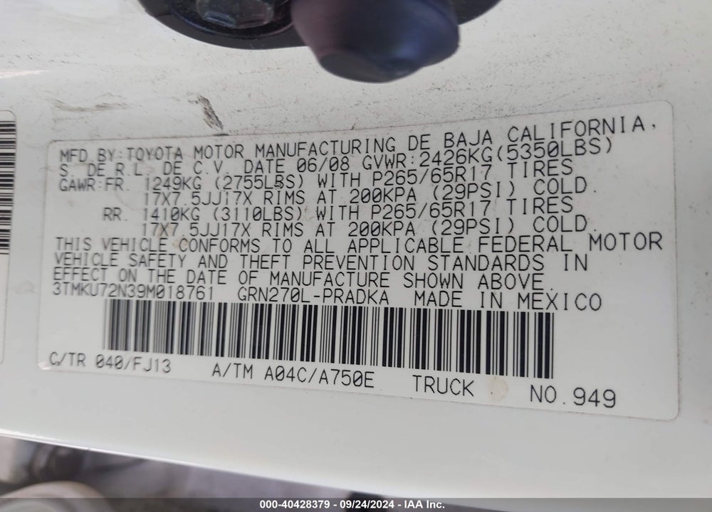 2009 TOYOTA TACOMA PRERUNNER V6 VIN: 3TMKU72N39M018761