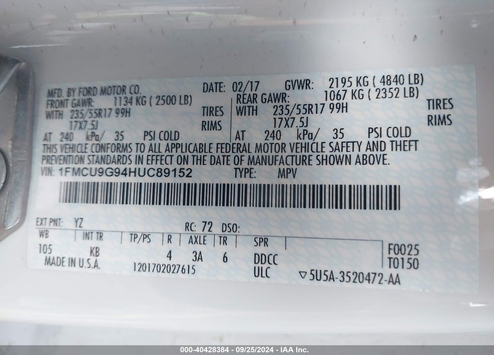2017 FORD ESCAPE SE VIN: 1FMCU9G94HUC89152