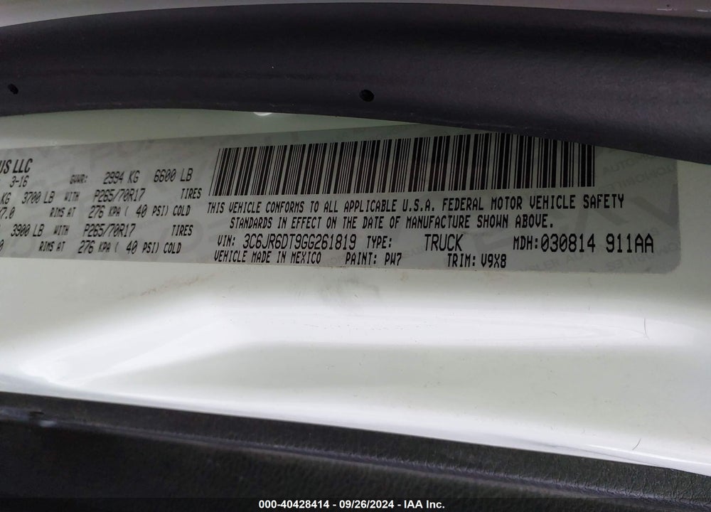 2016 RAM 1500 TRADESMAN VIN: 3C6JR6DT9GG261819
