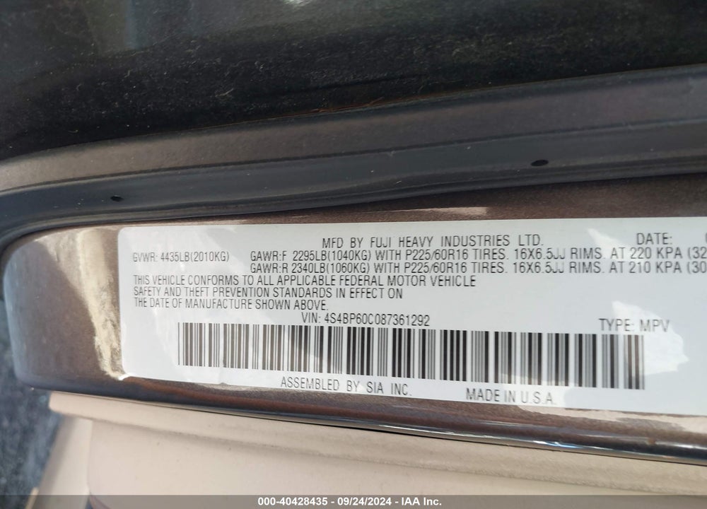 2008 SUBARU OUTBACK VIN: 4S4BP60C087361292