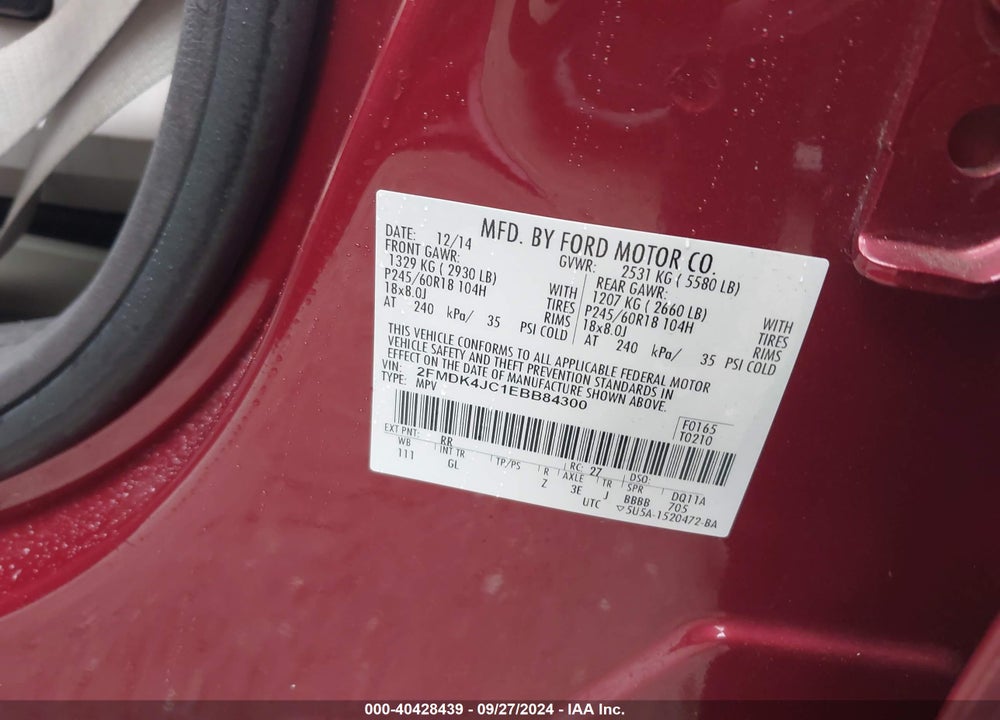 2014 FORD EDGE SEL VIN: 2FMDK4JC1EBB84300
