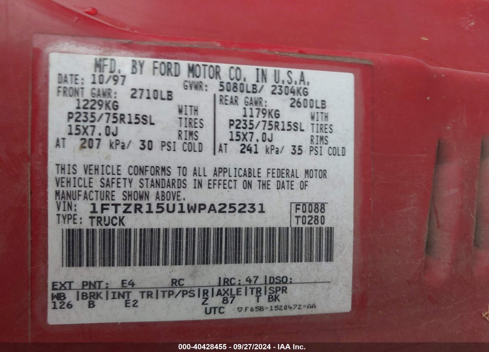 1998 FORD RANGER SPLASH/XL/XLT VIN: 1FTZR15U1WPA25231