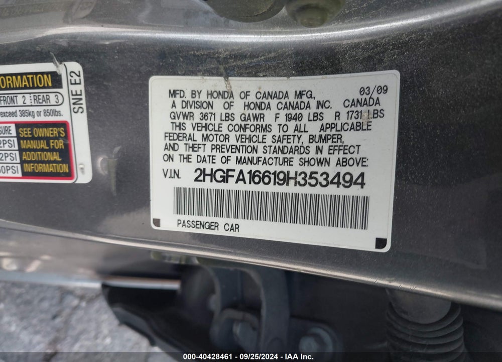 2009 HONDA CIVIC LX-S VIN: 2HGFA16619H353494